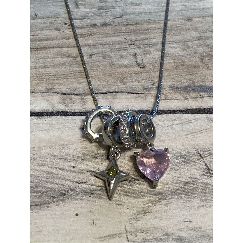 Dainty‎ Sterling Silver Charm Necklace NWOT Pink Crystal Spacers 18" 925 star
